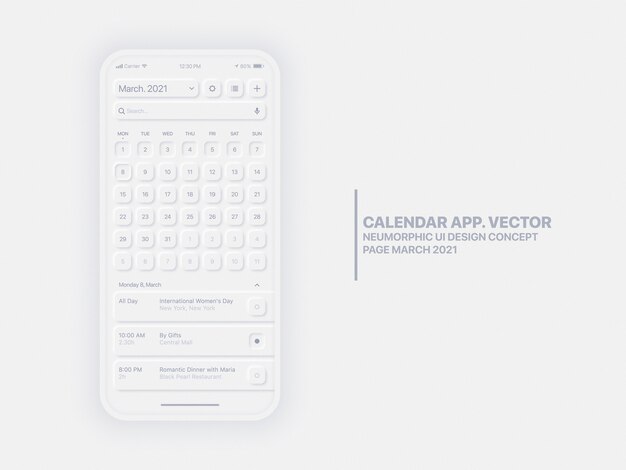 Kalender, mobilapp-sida, mars