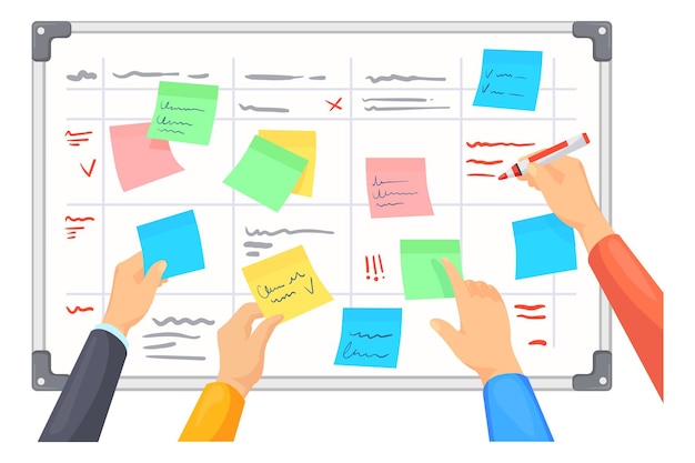 Kanban board with color stickers and writing hands Cartoon team planning