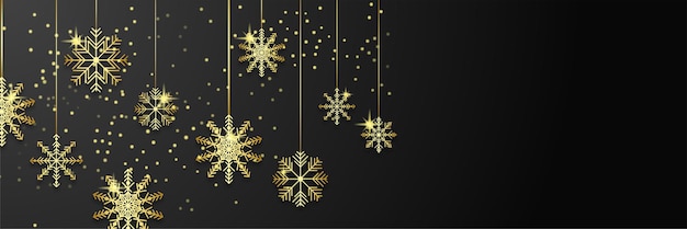 Kar taneleri ile siyah altın Noel afişi. Mutlu Noeller ve Mutlu Yıllar tebrik afişi. Yatay yeni yıl arka planı, başlıklar, posterler, kartlar, web sitesi. Vektör çizimi