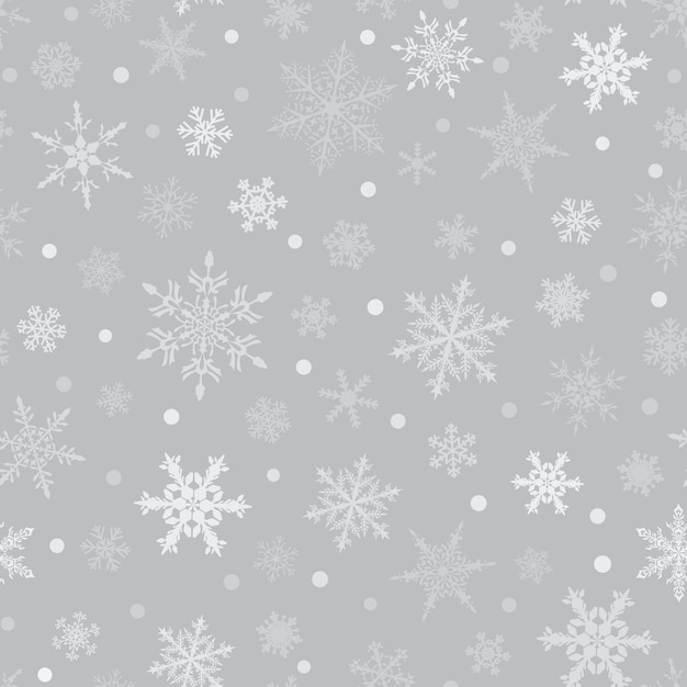 Kar tanelerinin Noel dikişsiz deseni, gri arka planda beyaz.
