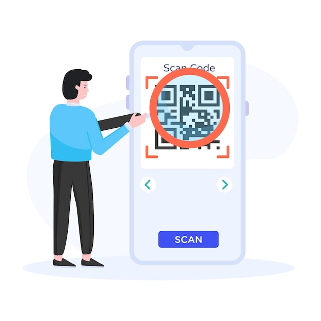 Karakter med mobil, der angiver scan qr kode i flad illustration