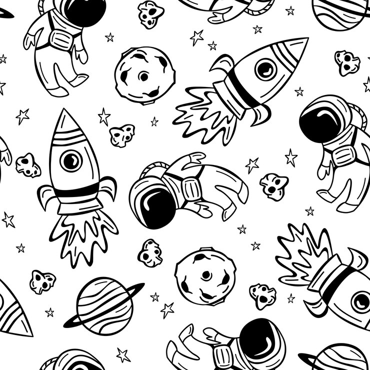 Karalama tarzında astronot, roket ve gezegenler ile elle çizilmiş kusursuz desen.