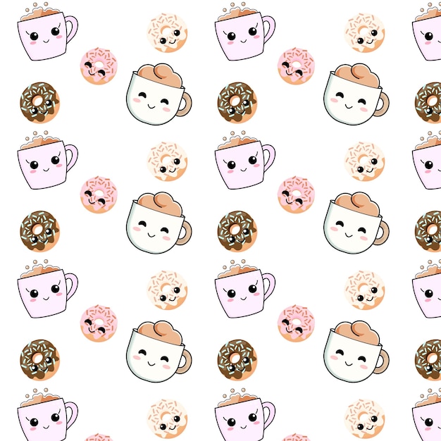 kawaii pattern with cups and donuts