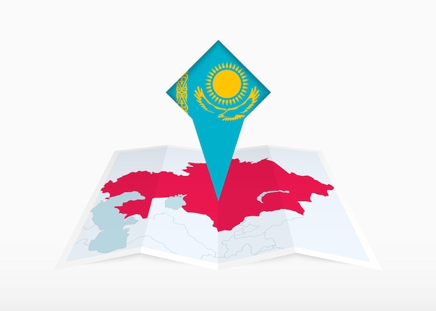 Kazakhstan is depicted on a folded paper map and pinned location marker with flag of Kazakhstan.