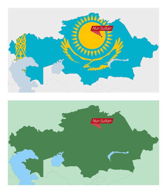 Kazakhstan map with pin of country capital Two types of Kazakhstan map with neighboring countries