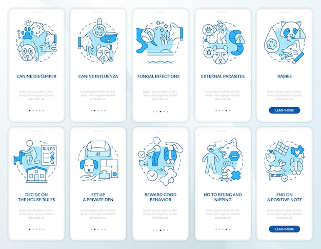 Keeping dog healthy and safe blue onboarding mobile app screen set