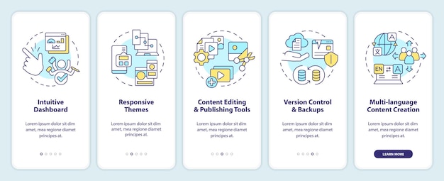 Key CMS features onboarding mobile app screen