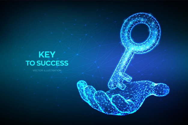 Key Low poly abstract key sign in hand Key to success or solution Turnkey solution services concept Goals achievement opportunities for business development 3D low polygonal vector illustration