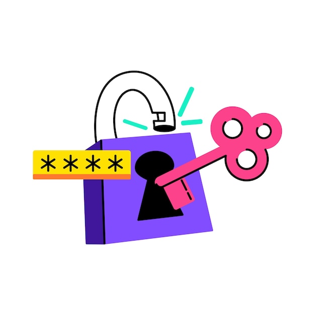 Key unlocking a padlock representing password security and access