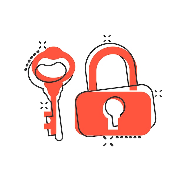 Key with padlock icon in comic style Access login vector cartoon illustration pictogram Lock keyhole business concept splash effect