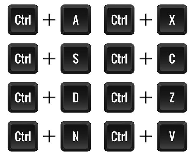 Keyboard combinations Ctrl with A S D N X C Z V Hotkeys control macro shortcut command input enter type layout computer laptop key Select all save new cut off copy undo paste