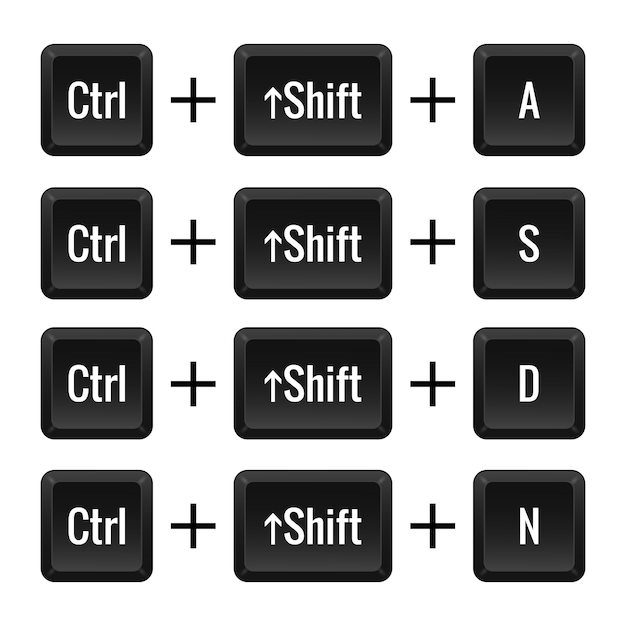 Keyboard combinations of Ctrl Shift and A S D N Hotkeys control macro shortcut command input enter type layout computer laptop key Select all save new Vector illustration