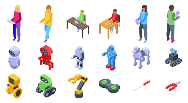 Kid robot class icons set Robotics engineering team working on innovative project developing and programming robots
