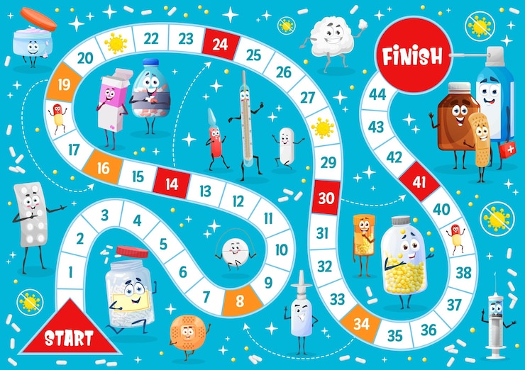 Vektör kids board game with cartoon drugs medications