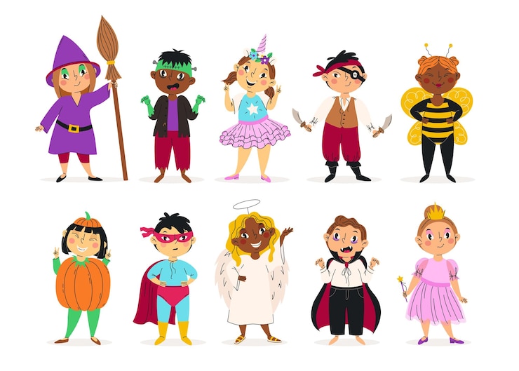 Vektör kids in halloween costumes vector illustration funny and cute carnival children set colorfull costumes collection