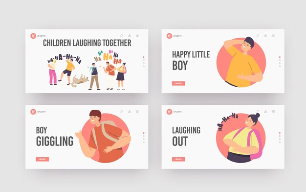 Kids Laughing Together Landing Page Template Set. Happy Girls or Boys Characters Laugh, Funny Children and Dog Ha-ha Emotion, Happiness, Childhood, Jolly Schoolkids. Cartoon People Vector Illustration