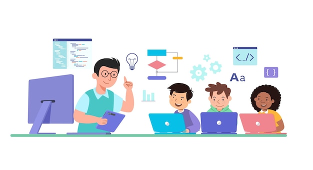 Kids learn coding with male teacher vector illustration