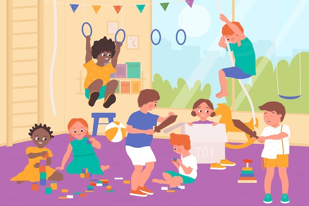 Kids play with toys in kindergarten playroom happy little boy girl playing games indoor