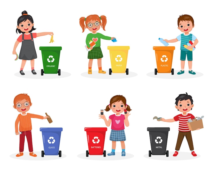 Vektör kids throwing garbage in different recycling bins like organic metal plastic glass battery