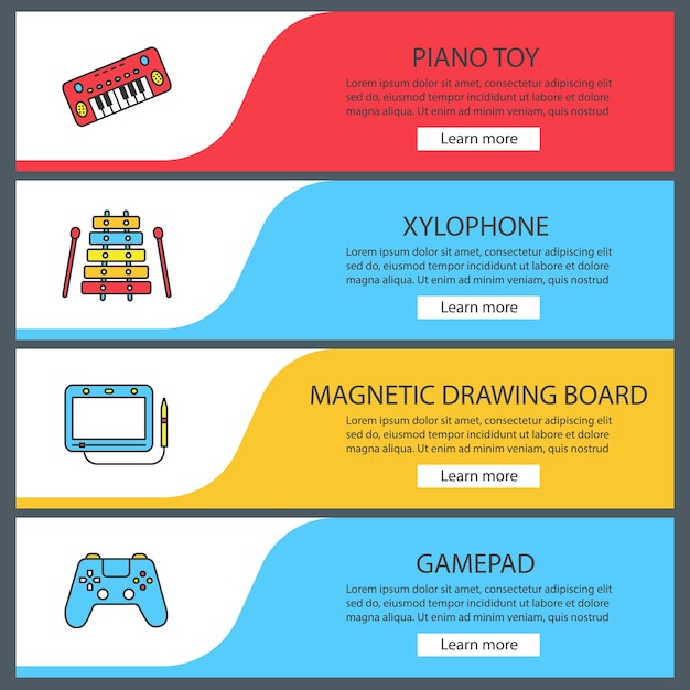 kids toys web banner templates set. toy piano, xylophone, magnetic drawing board, gamepad. website color menu items. vector headers design concepts