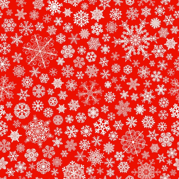 Kırmızı üzerinde büyük ve küçük kar tanelerinin beyaz olduğu Noel deseni
