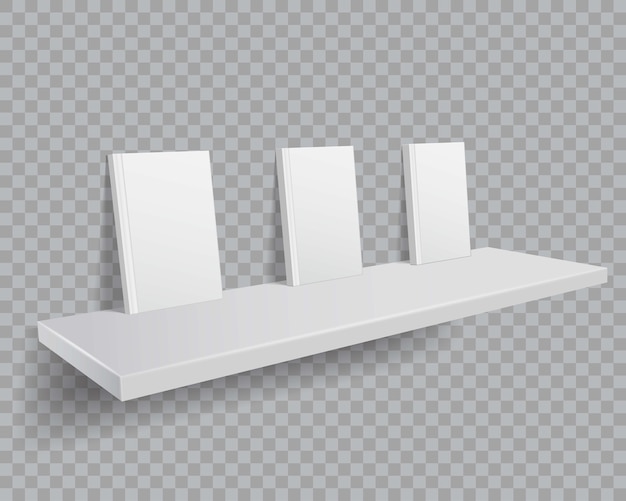 Kitaplıkta 3D beyaz kitaplar. Kitaplıkta boş kapaklı kitapların mockup’ı.
