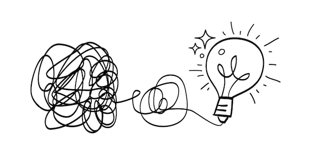 Kluddlinje klotter konceptet med övergång från komplicerat till enkelt med glödlampa som förenklar den komplexa förvirringen klarhet eller väg isolerad på vit bakgrund vektor illustrationer