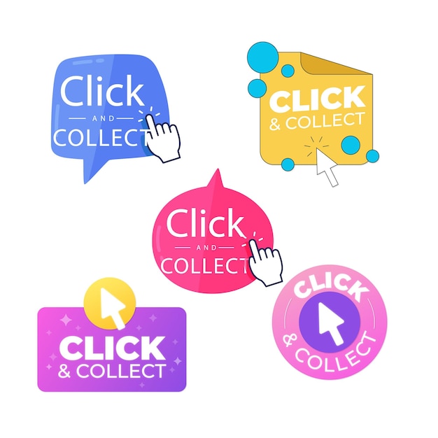 Knap eller sticker-sæt til online Click and Collect. Realistisk, rundt mærke med reklametekst a