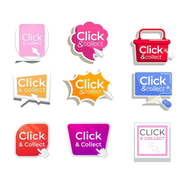 Knapp eller sticker-set för ”click and collect” för online-shopping. Realistisk rund etikett med kampanjtext a
