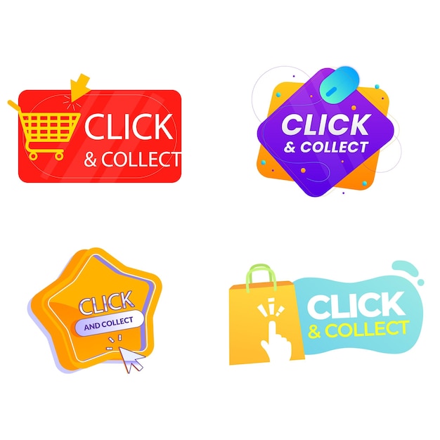 Knapp eller sticker-set för ”click and collect” för online-shopping. Realistisk rund etikett med kampanjtext a