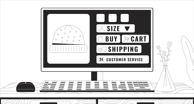 knitted hats selling web site open on computer black and white 2d illustration concept