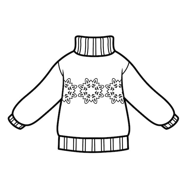 Knitted sweater with snowflake pattern for boy outline for coloring on a white background