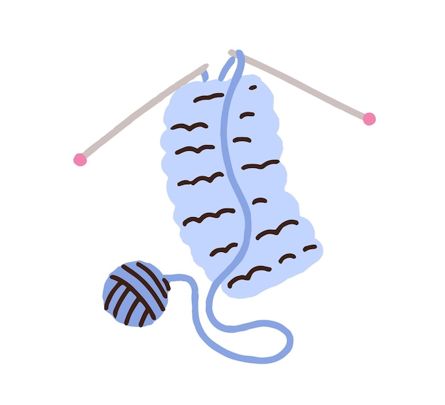 knitting needles and yarn woolen ball cozy warm wool scarf crafting process handmade knitwear traditional needlework handwork hobby flat vector illustration isolated on white background