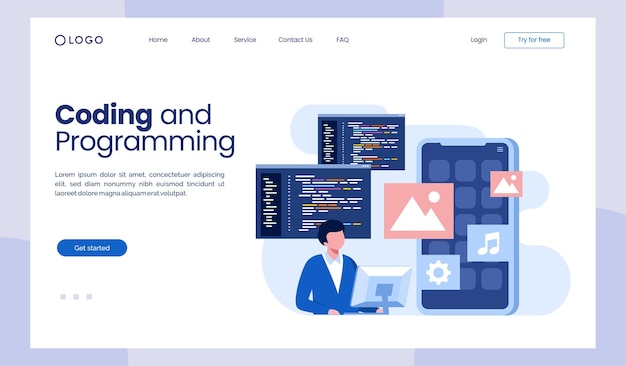 Kodning programmeringssprog css html it ui programmør tegneseriefigur udvikler webside design flad illustration landingsside