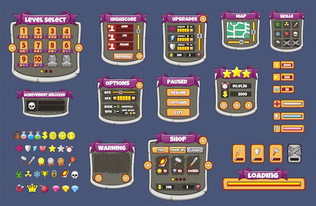 Komplett uppsättning grafiskt användargränssnitt (GUI) för att bygga 2D-spel och applikationer