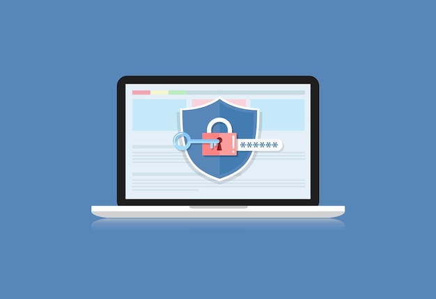 Koncept er datasikkerheds Center Shield på computer laptop beskytter følsomme data sikkerhedsvektor