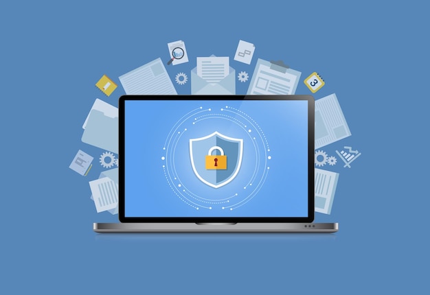 Koncept er datasikkerheds Center Shield på computer laptop beskytter følsomme data sikkerhedsvektor