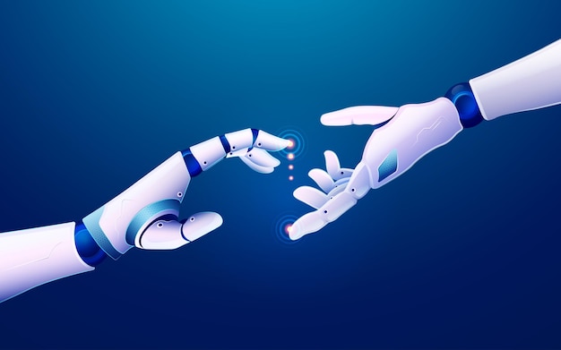 Koncept for maskinlæring eller innovationsteknologi, grafik af robothånd, der rækker ud til hinanden