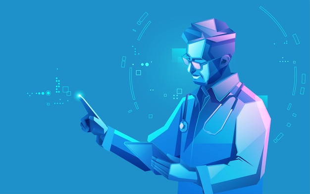 Koncept for telemedicin eller sundhedsteknologi, karakterdesign af en læge præsenteret med futuristisk stil