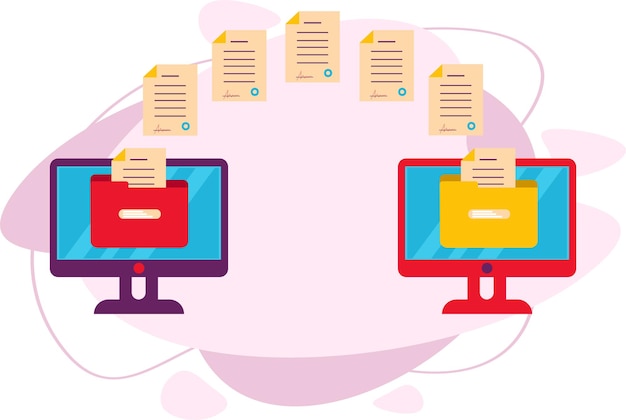 Konceptet med dataoverførsel. Overfører data fra en computerskærm til en anden skærm. Sender dokumenter online. Vektorillustration i en flad stil.