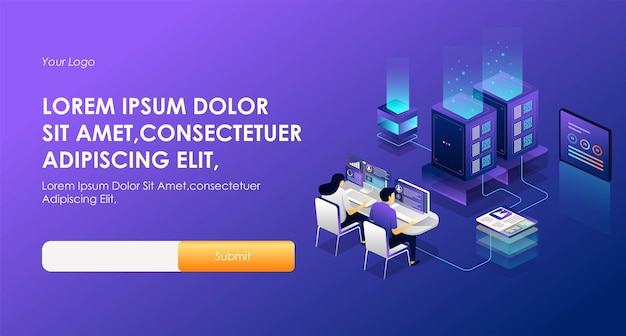 Konceptet med isometrisk sikkerhed hosting illustration og arbejder i serverrummet