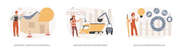 Konstruktionsteknik innovation isolerat koncept vektorillustrationsset Innovativa byggmaterial moderna maskiner byggnadsinformationsmodellering projekthantering vektor koncept