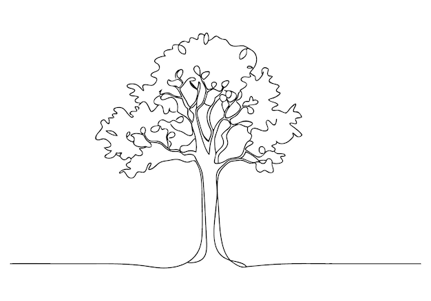 Kontinuerlig enlinjeteckning av ett träd, minimalistisk naturkonst