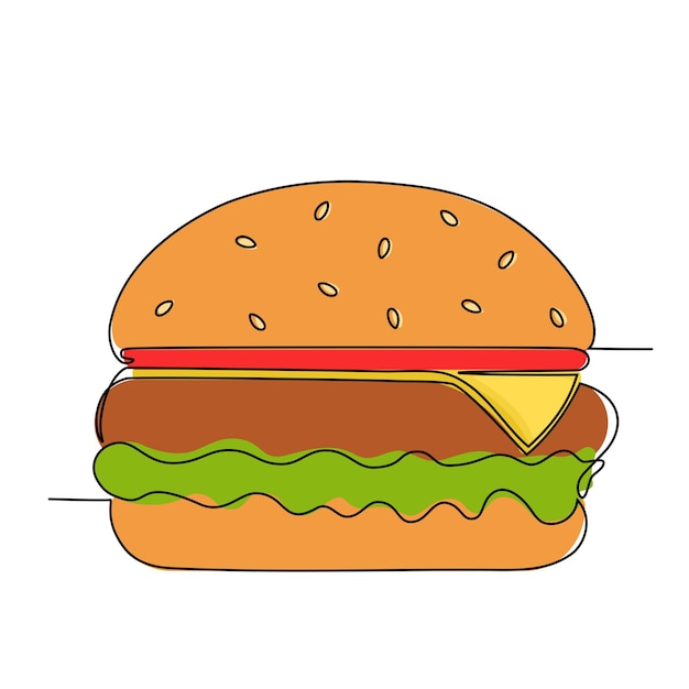 Kontinuerlig stregtegning af lækker appetitvækkende burger Vektorillustration
