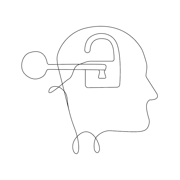 Kontinuerlig stregtegning, nøgle åbner låsen i hovedet, koncept om forretningsideer, frigør dit potentiale, vektorillustration.