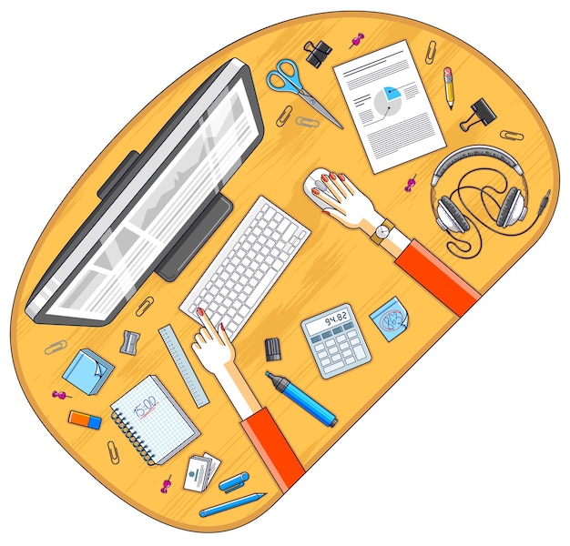 Kontorbord set fra oven med hænderne på en kontormedarbejder eller iværksætter, PC-computer og diverse kontorartikler til arbejdet. Alle elementer er nemme at bruge separat. Vektorillustration.