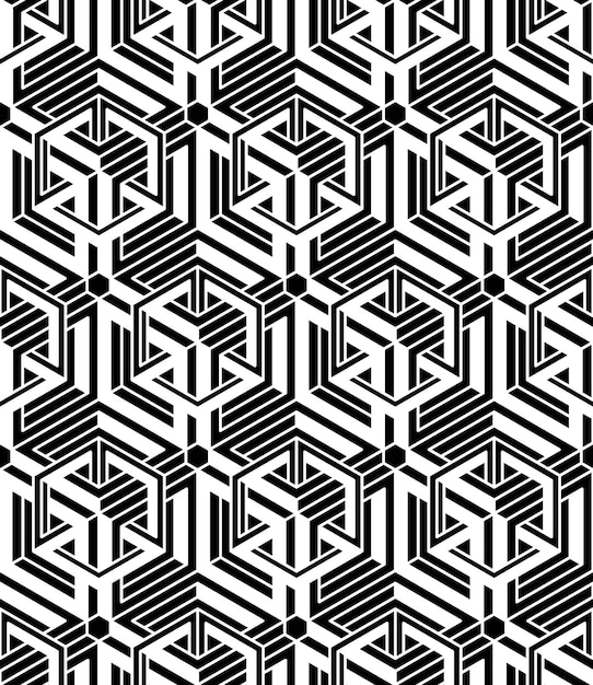 Kontrasterende sort og hvidt symmetrisk sømløst mønster med indvævede figurer. Kontinuerlig geometrisk komposition til brug i grafisk design.