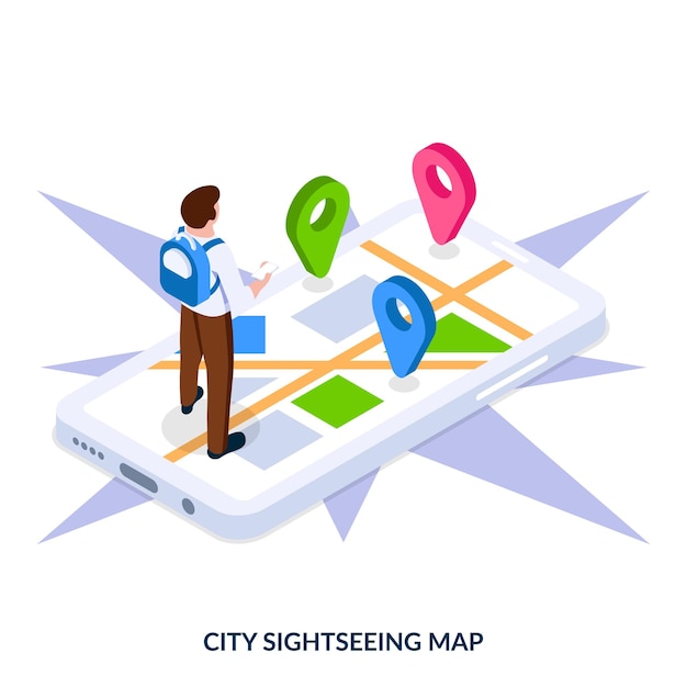 Kort over sightseeing i byen. Digitalt bykort med interessepunkter. Vektorillustration
