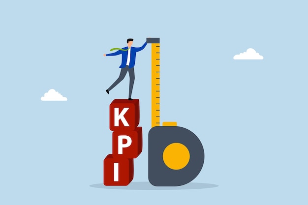 kpi entrepreneur positioned atop kpi box evaluating performance