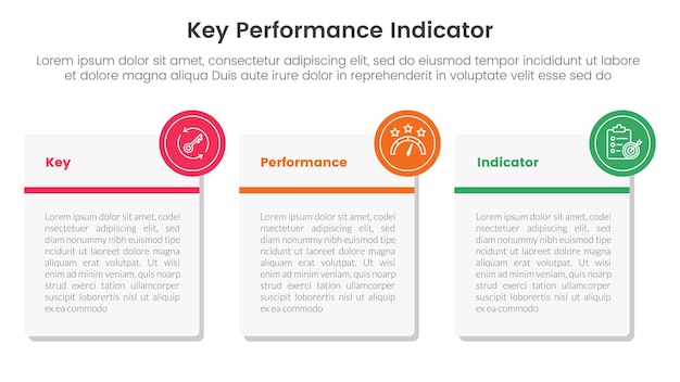 kpi key performance indicator infographic 3 point stage template with big round square box for slide presentation vector